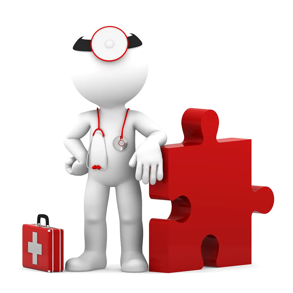 Doctor Figure Leaning on Red Puzzle Piece